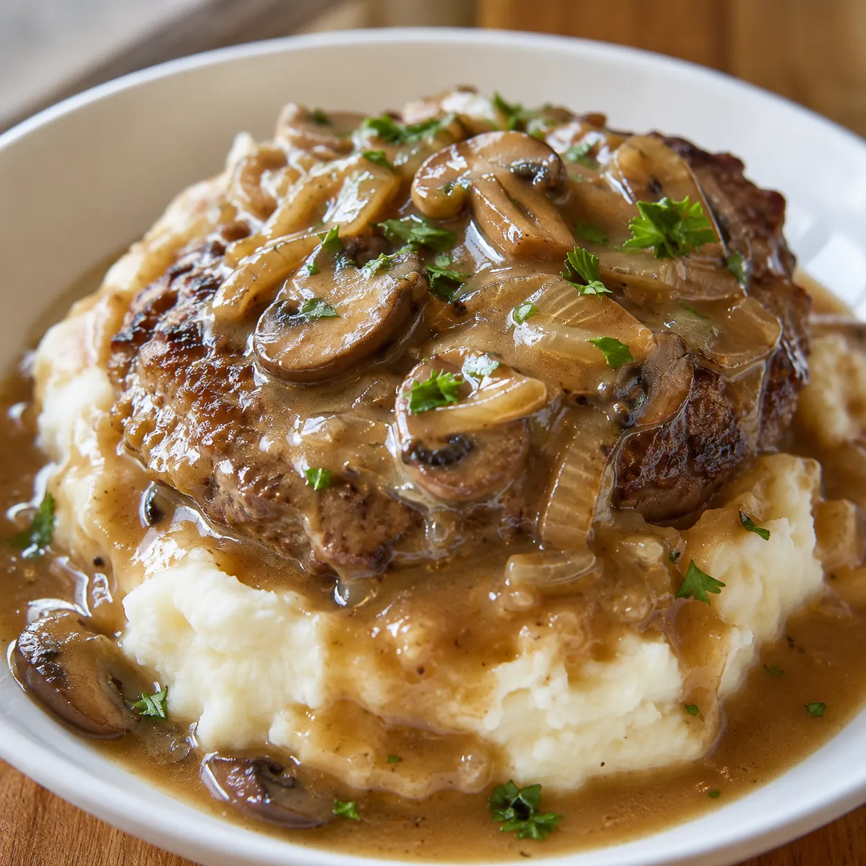Slow cooker cube steak with mushroom gravy over mashed potatoes