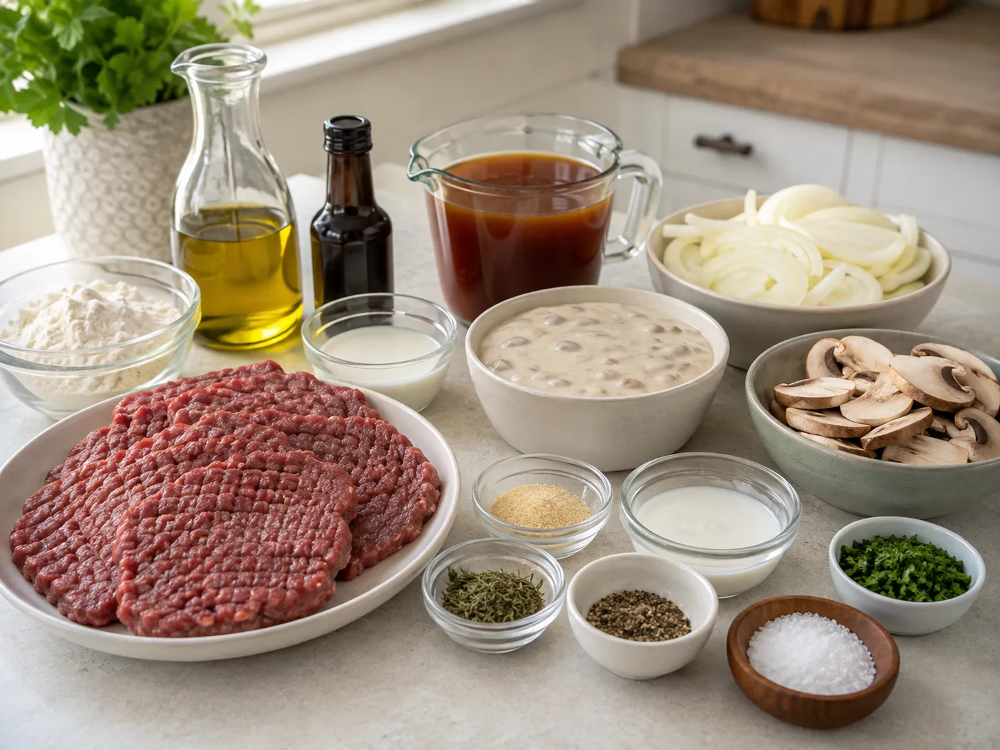 Ingredients for slow cooker cube steak with mushrooms and gravy
