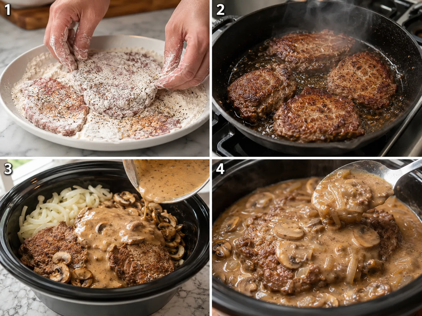Steps for making slow cooker cube steak with mushroom gravy