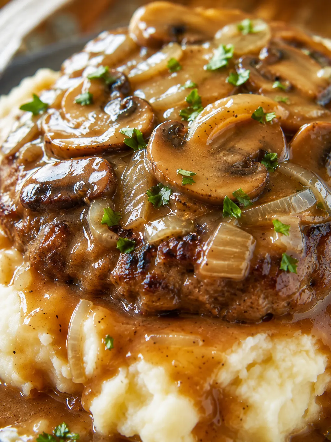 Tender cube steak in mushroom gravy over mashed potatoes