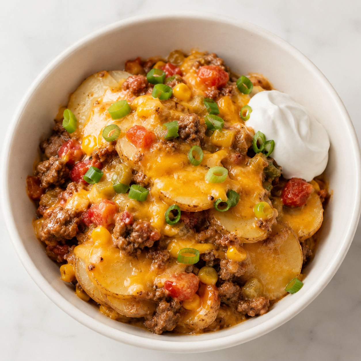 Slow cooker hamburger hash stack with potatoes, beef, corn, and cheddar