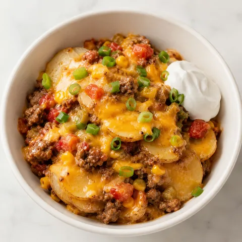Slow cooker hamburger hash stack with potatoes, beef, corn, and cheddar