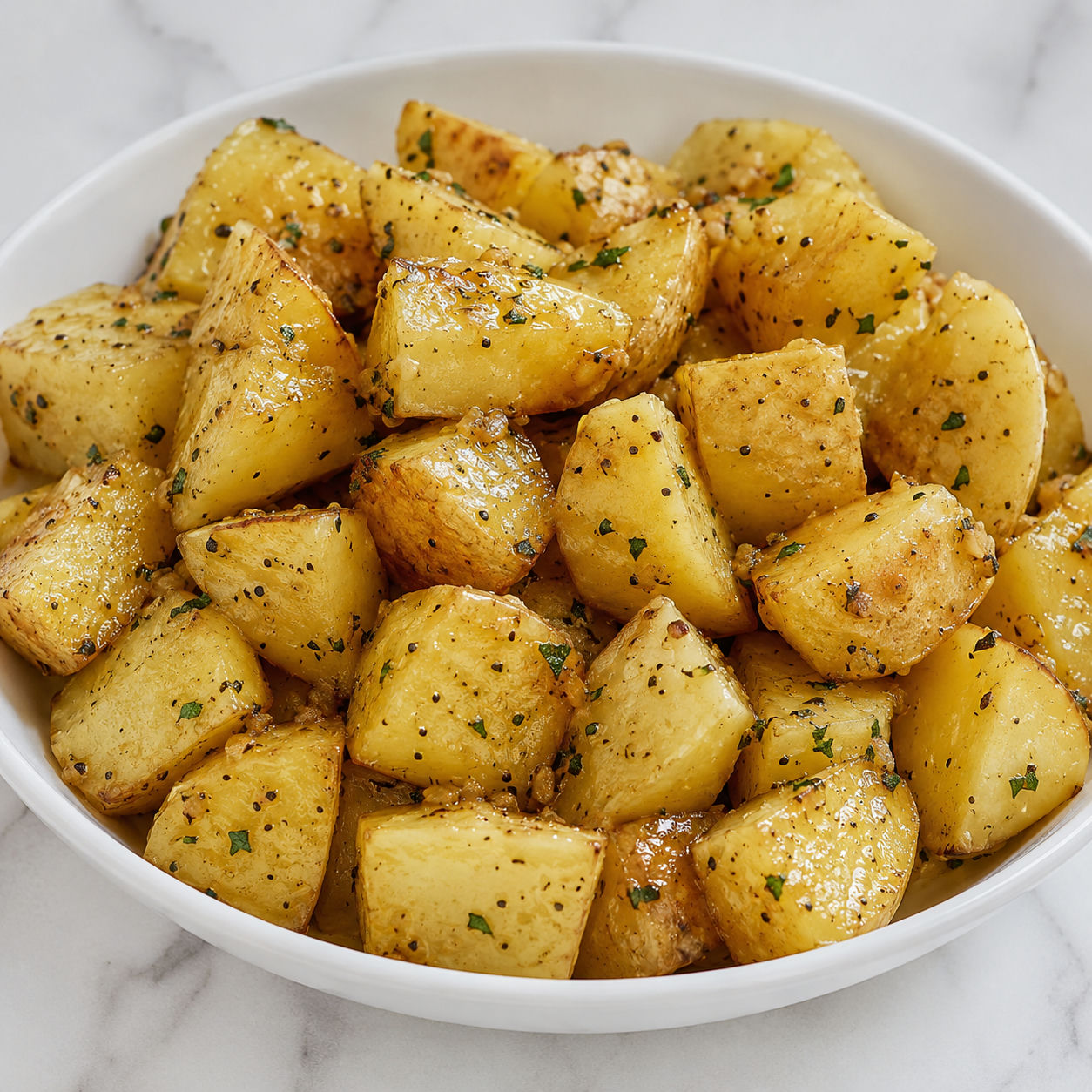 Golden onion soup mix potatoes with parsley in a white bowl