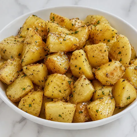 Golden onion soup mix potatoes with parsley in a white bowl
