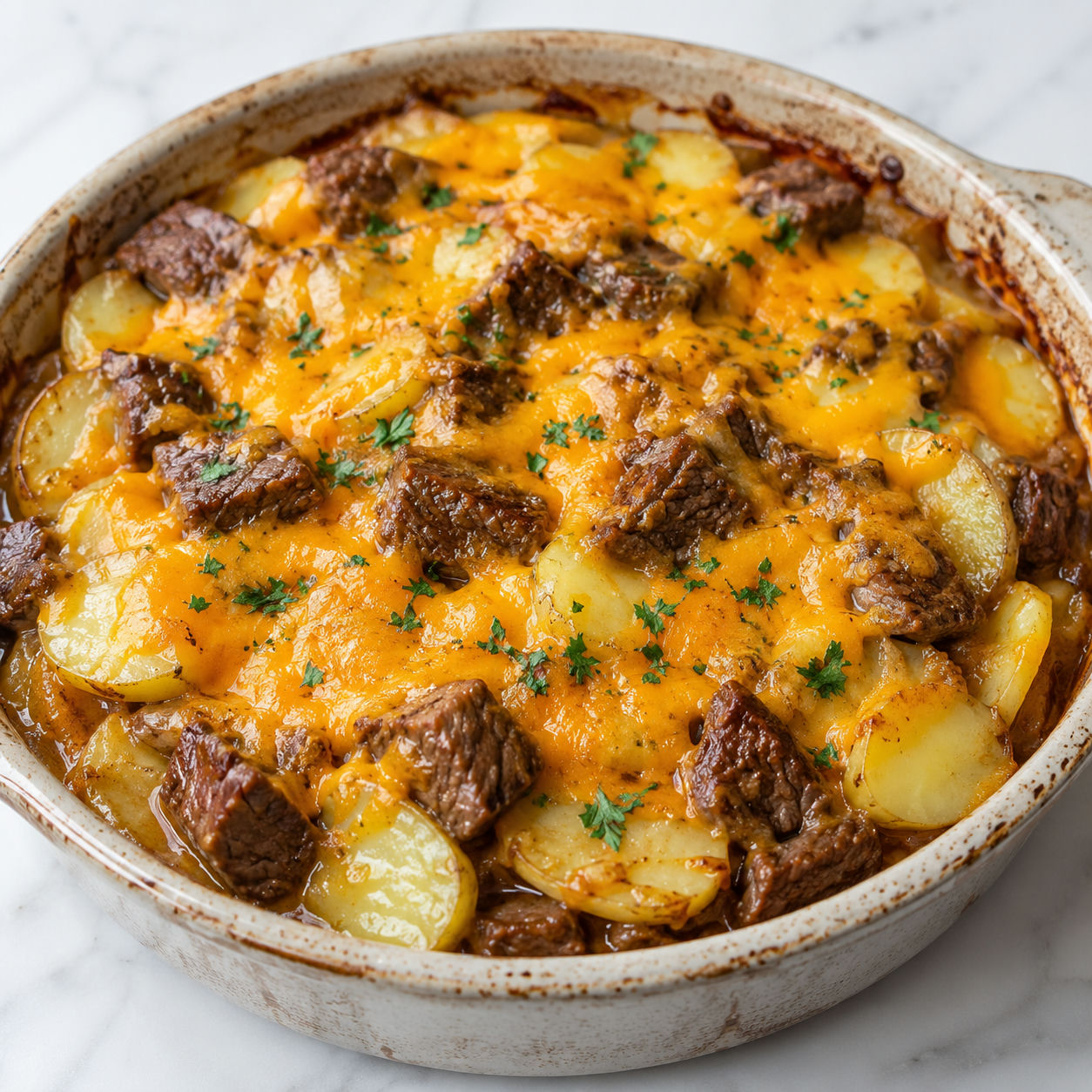 Steak and cheddar potato casserole with melted cheese and parsley