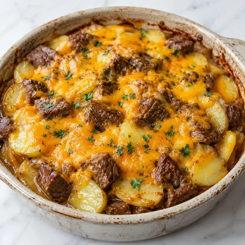 Steak and cheddar potato casserole with melted cheese and parsley