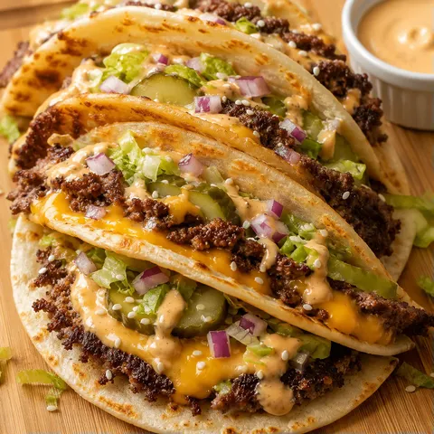 Smash Burger Tacos with melted cheese, lettuce, pickles, and burger sauce