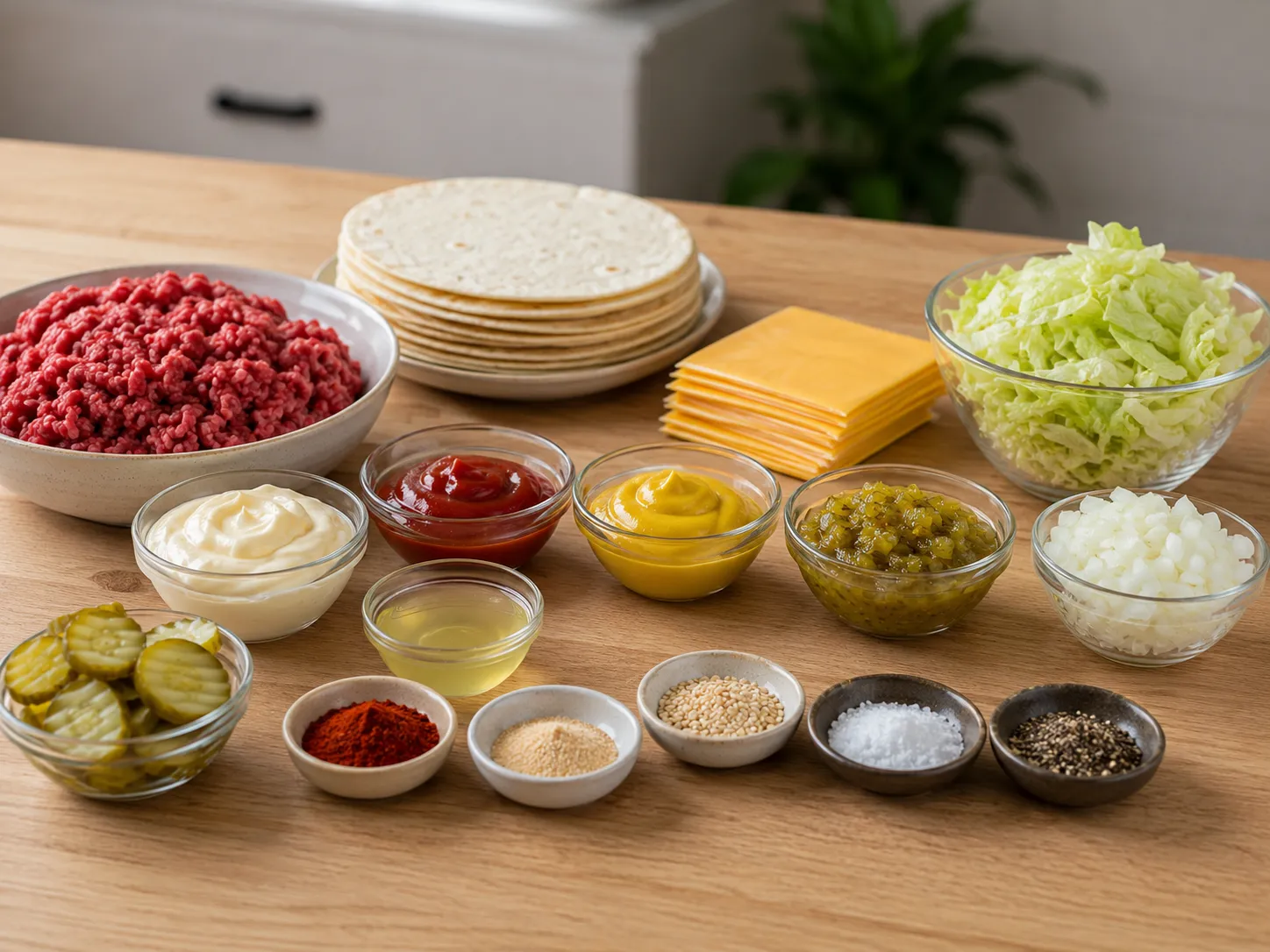 Ingredients for Smash Burger Tacos with beef, tortillas, cheese, sauce, and toppings