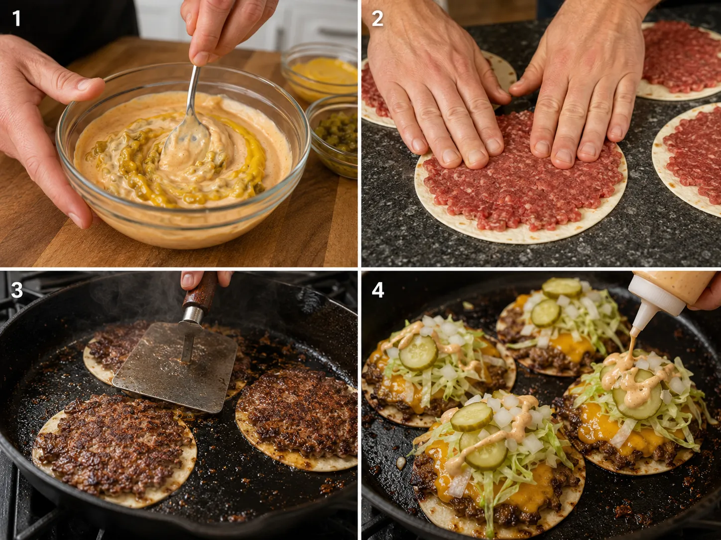 Four cooking steps for Smash Burger Tacos from sauce to topping