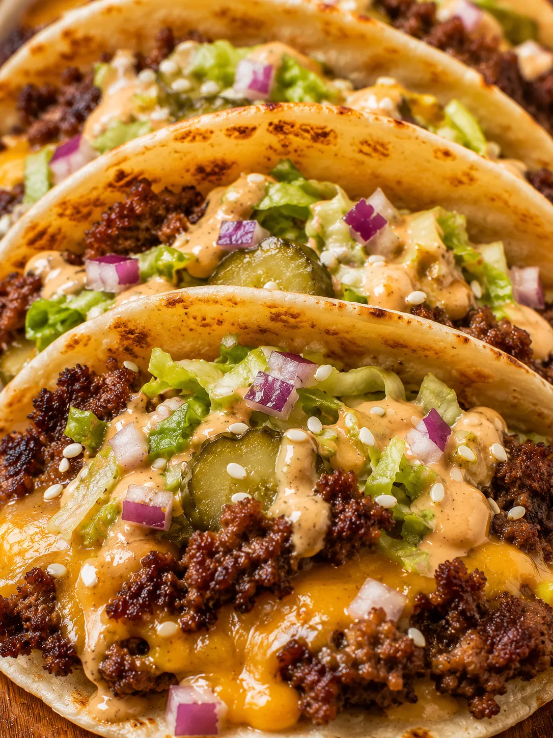 Stacked Smash Burger Tacos with crispy beef, melted cheese, pickles, and sauce