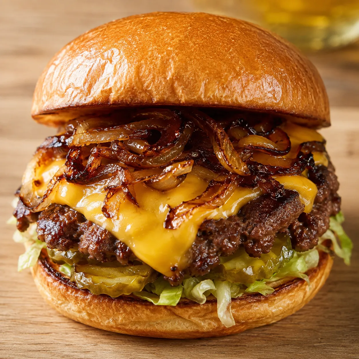 Smash burger with melted cheese, caramelized onions, pickles, and toasted bun