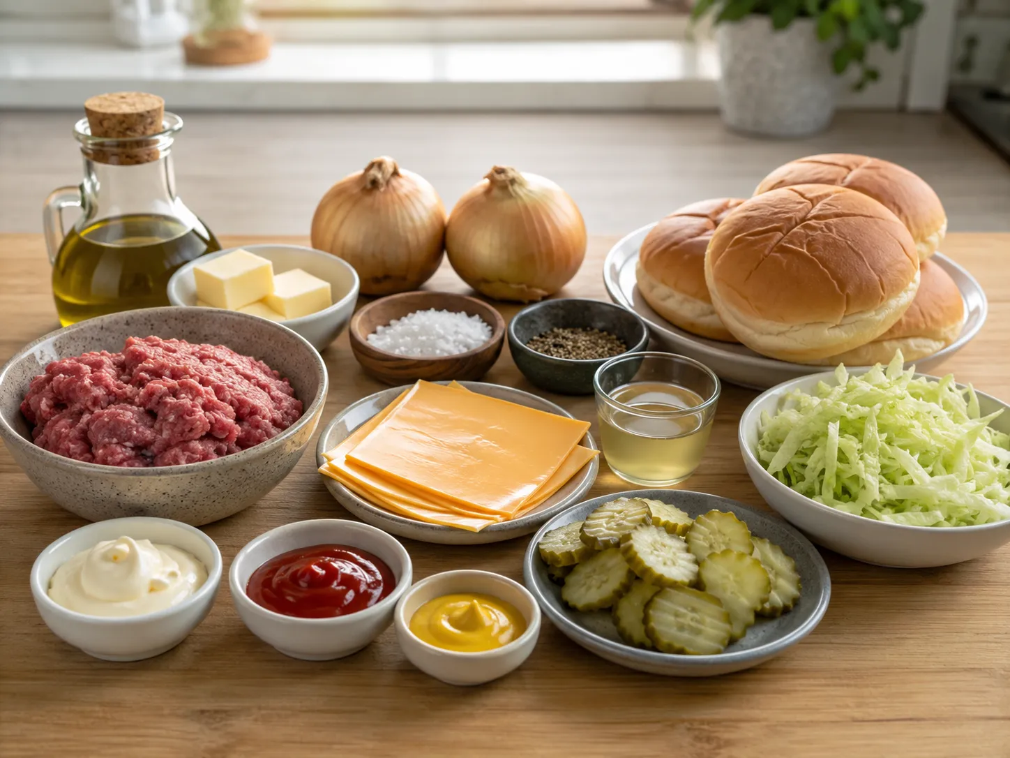 Ground beef, onions, cheese, buns, pickles, and sauce ingredients for smash burgers