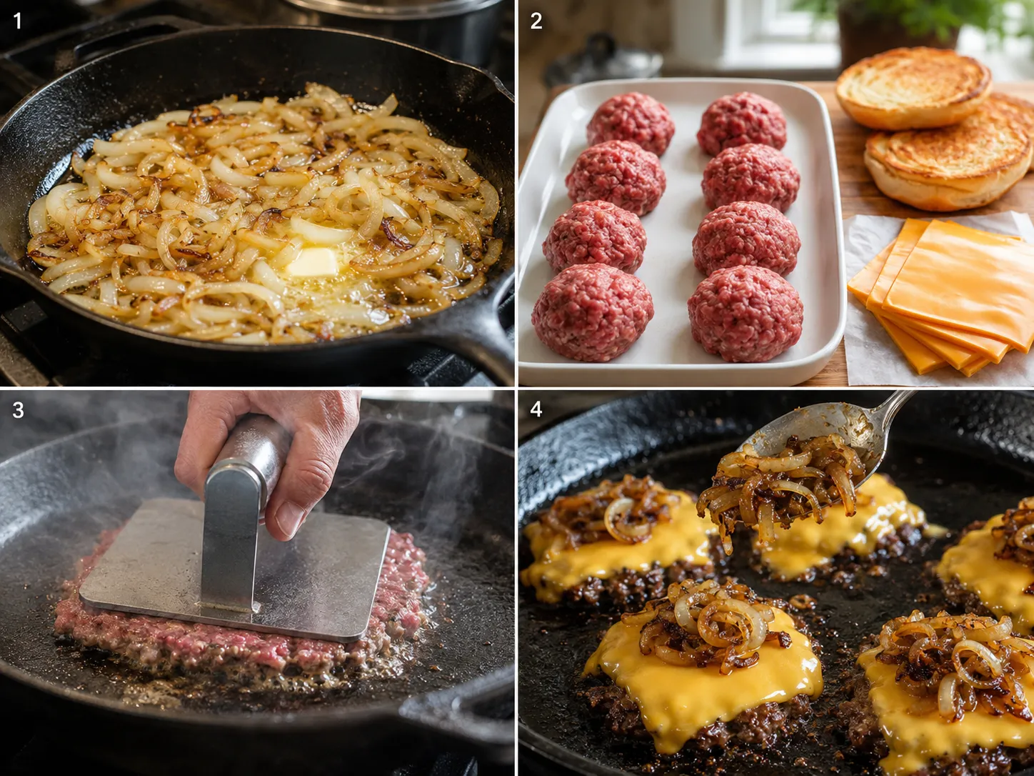 Four steps for smash burgers from caramelized onions to smashed patties