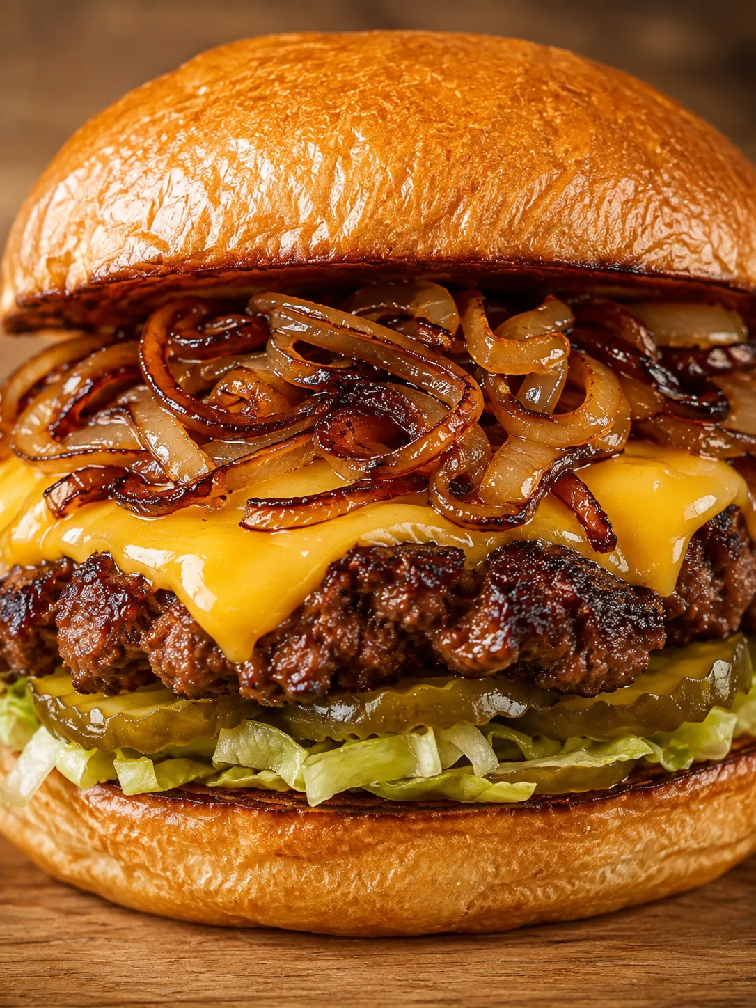 Tall smash burger with melted cheese, caramelized onions, pickles, and toasted bun