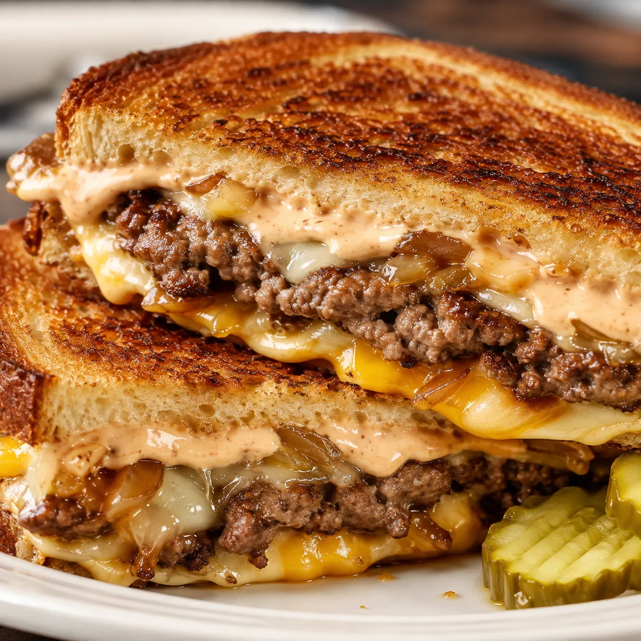 Sliced patty melt with melted cheese, onions, and secret sauce on rye