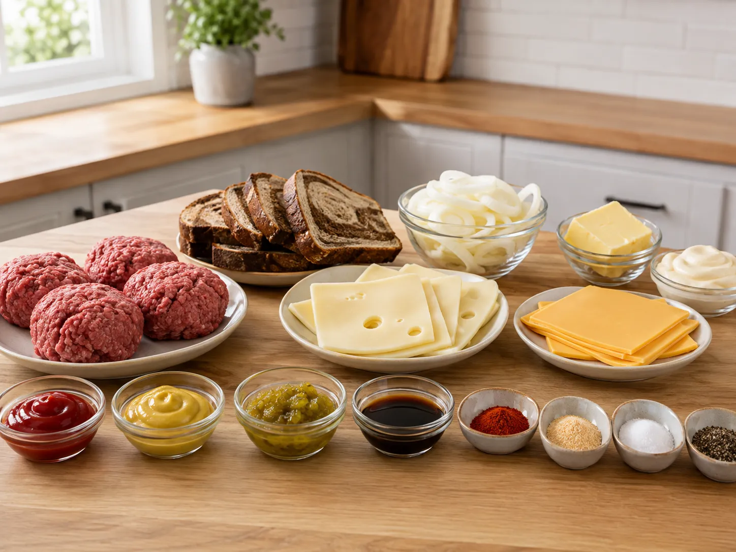 Ingredients for patty melts with beef, rye, cheese, onions, and sauce