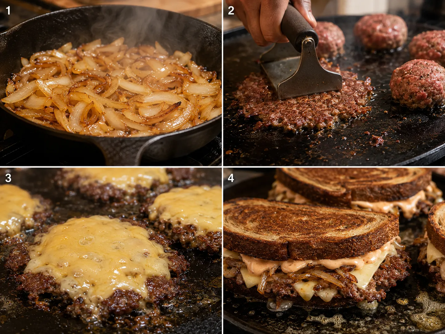 Four cooking steps for patty melts from onions to toasted sandwiches