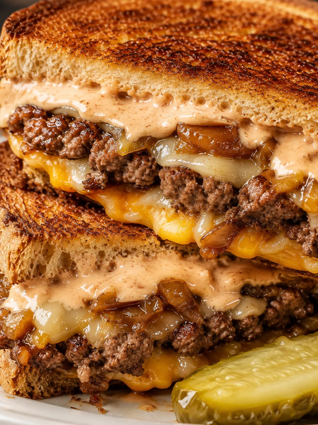 Stacked patty melt with crisp rye, melted cheese, onions, and sauce