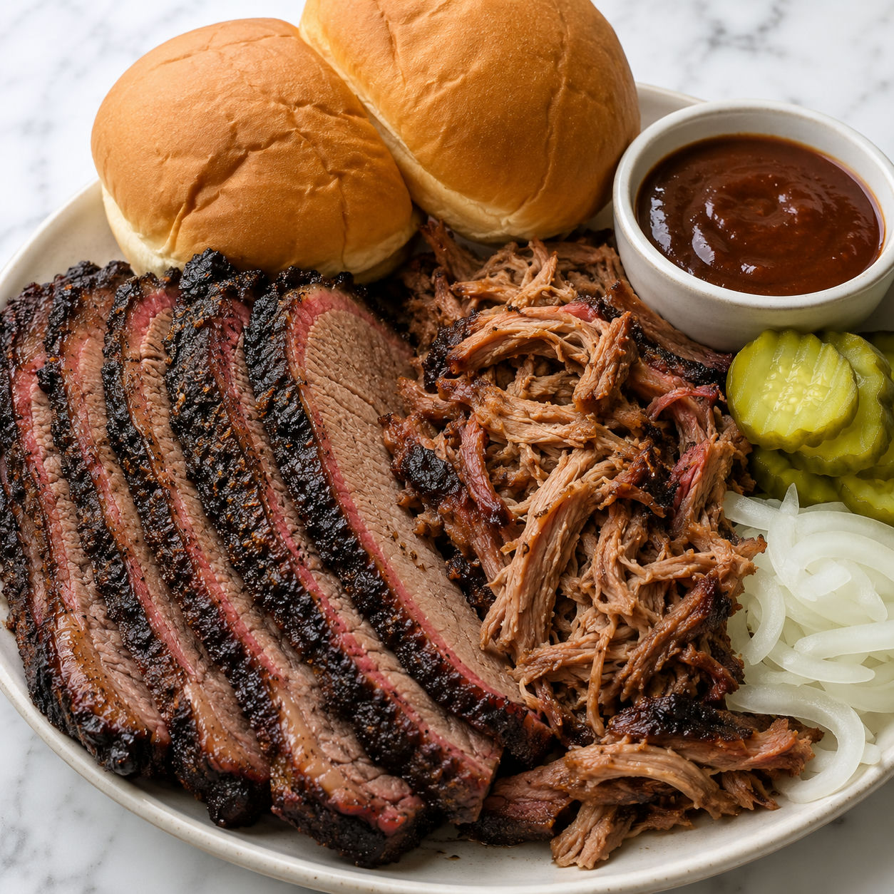 Smoked brisket slices and pulled pork with pickles and BBQ sauce