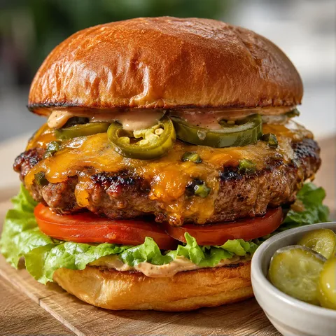 Smoked cheddar jalapeño burger with melted cheese, lettuce, tomato, and pickles
