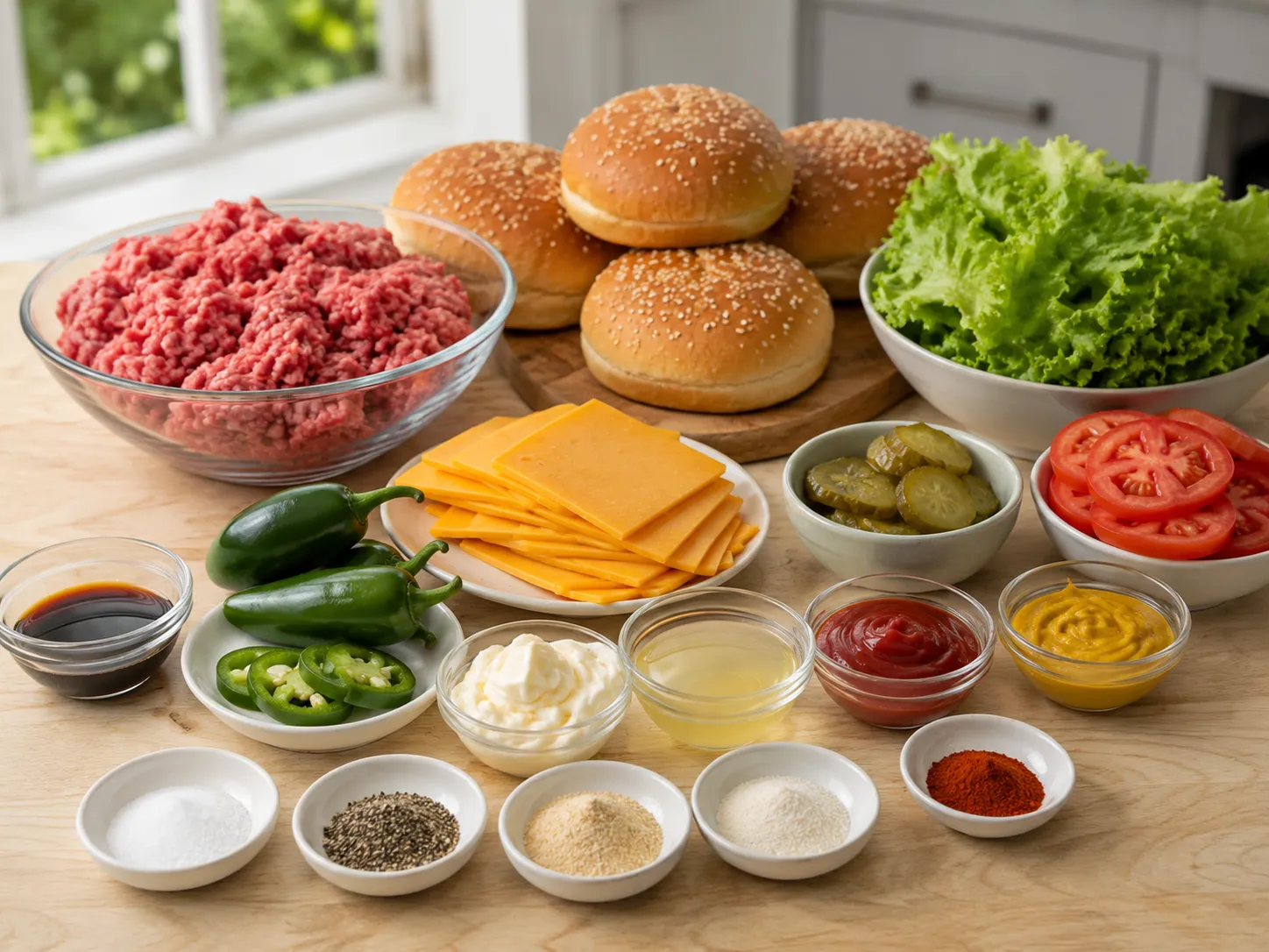 Ingredients for smoked cheddar jalapeño burgers with beef, cheese, jalapeños, and buns