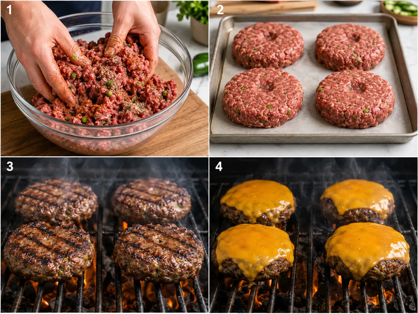 Four steps for making smoked cheddar jalapeño burgers from mixing to melting cheese