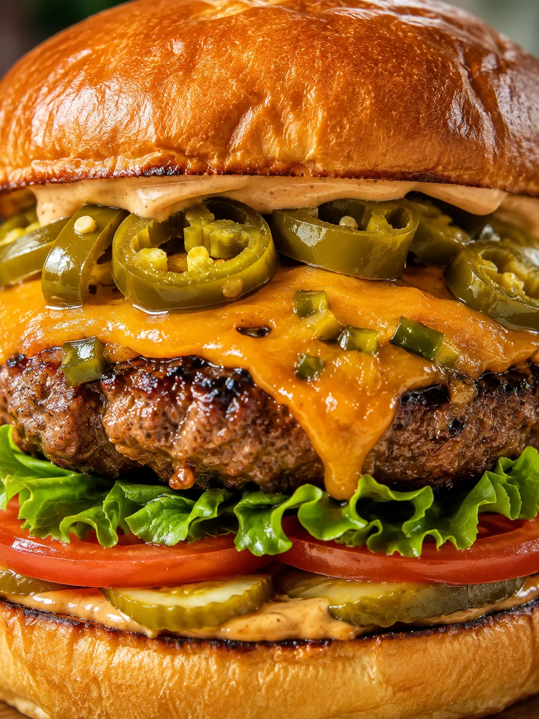 Tall smoked cheddar jalapeño burger with melted cheese, sauce, lettuce, and pickles