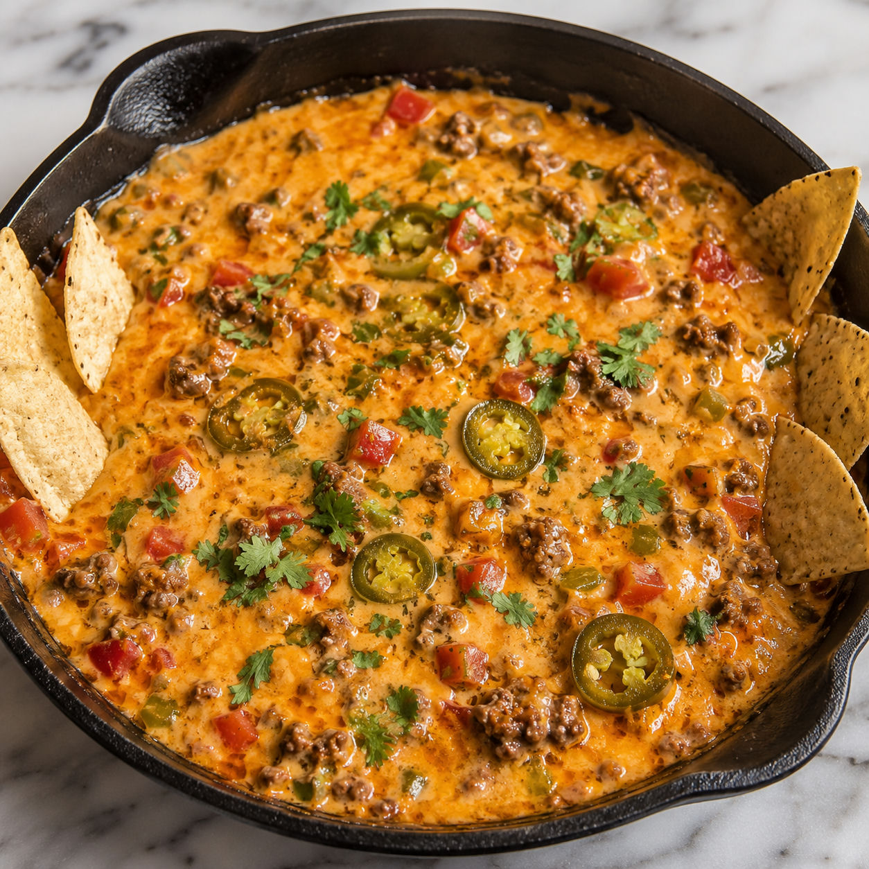 Smoked queso dip with beef in a cast iron skillet with chips
