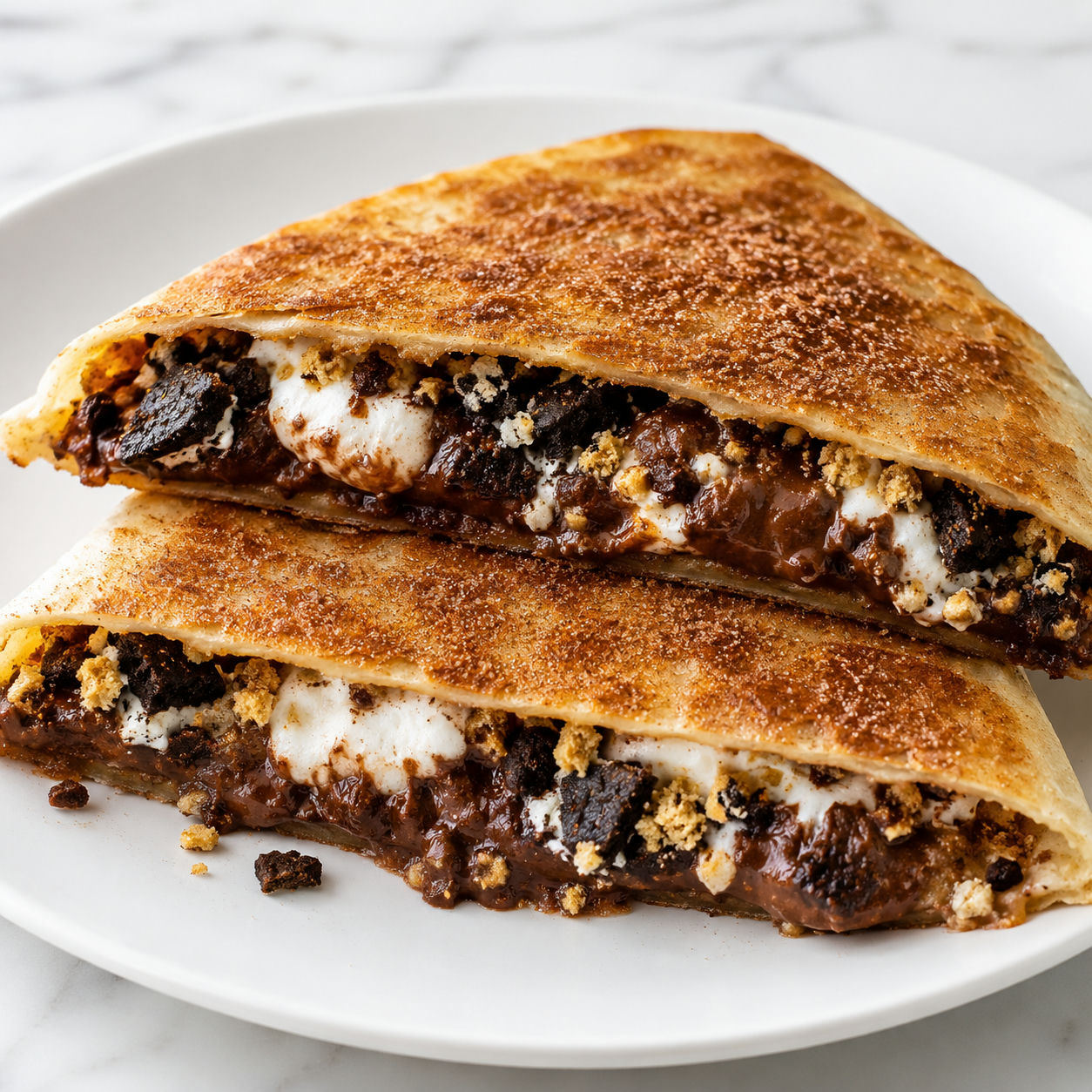 S’Mores crunchwrap cut open with melted chocolate, marshmallow, and cookie crumbs