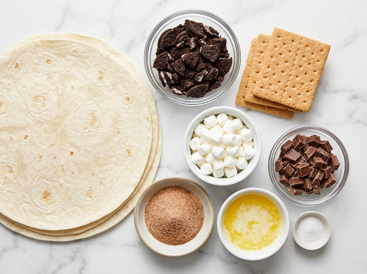 Ingredients for S’Mores crunchwraps with tortillas, cookies, marshmallows, and chocolate