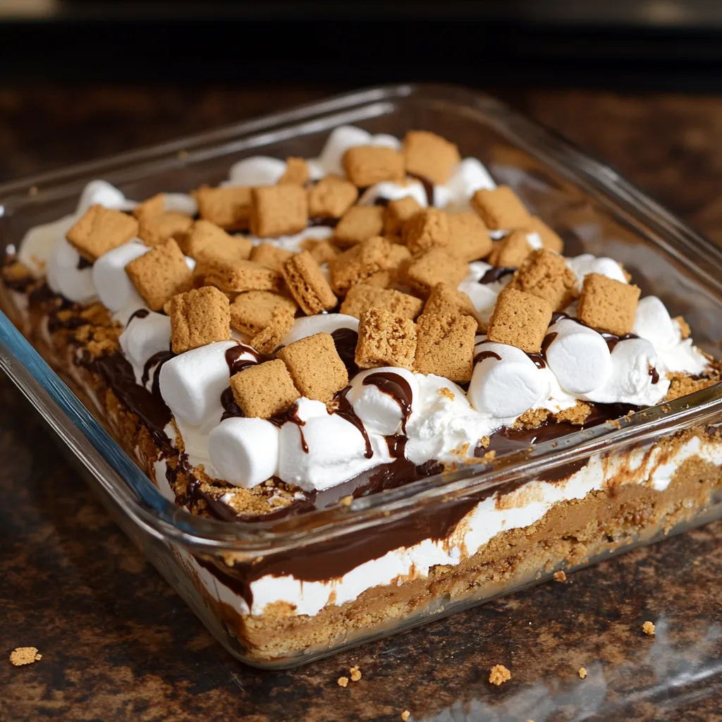 Layered S’mores Lasagna Dessert with Graham, Chocolate and Marshmallow
