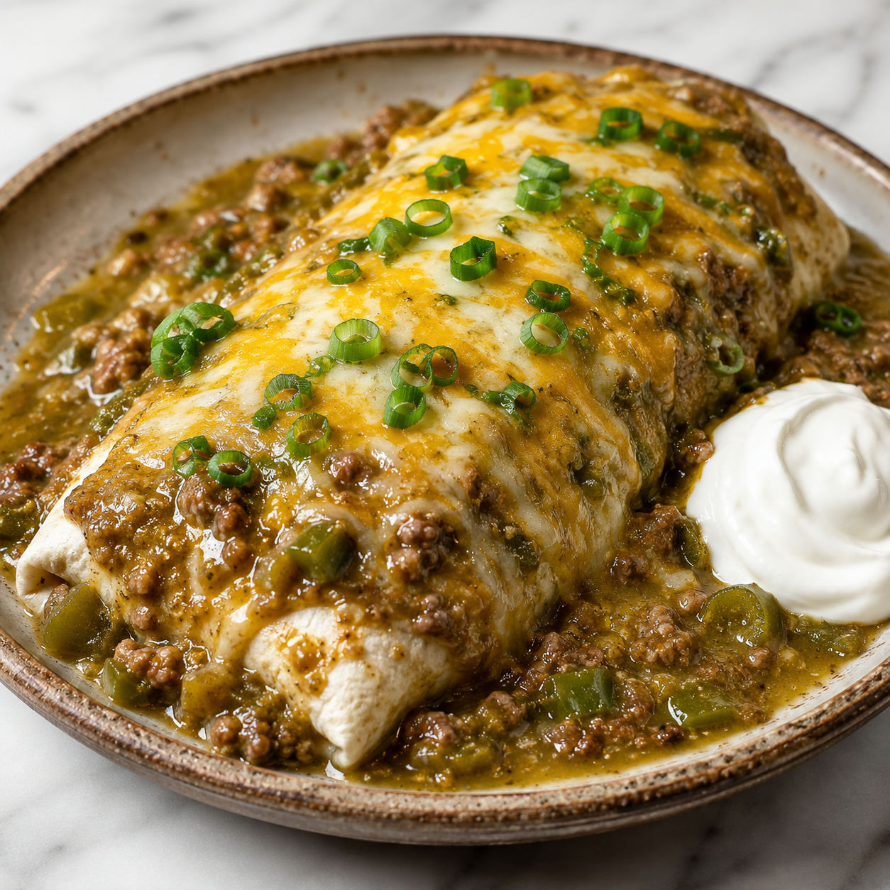 Smothered green chile bean burrito on a ceramic plate with melted cheese and green onions
