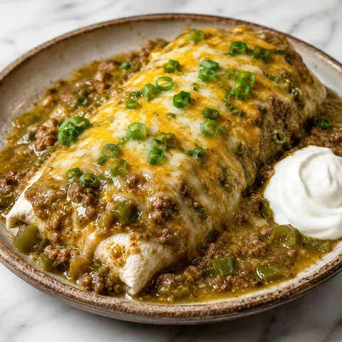 Smothered green chile bean burrito on a ceramic plate with melted cheese and green onions