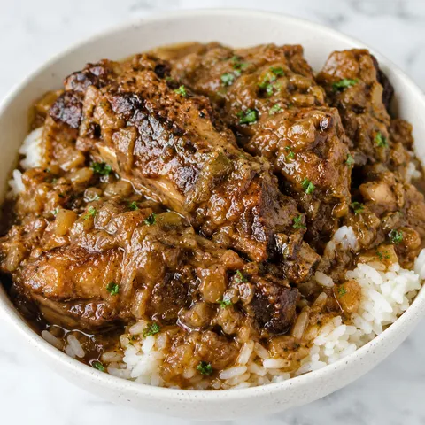 Smothered turkey wings with brown gravy over white rice