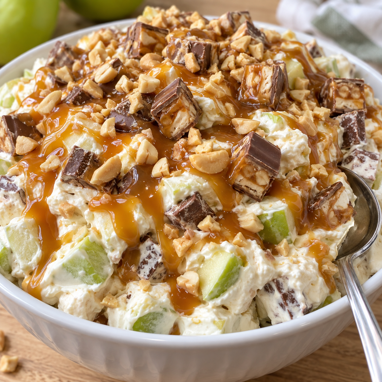 Snickers caramel fluff with apples, candy pieces, peanuts, and caramel