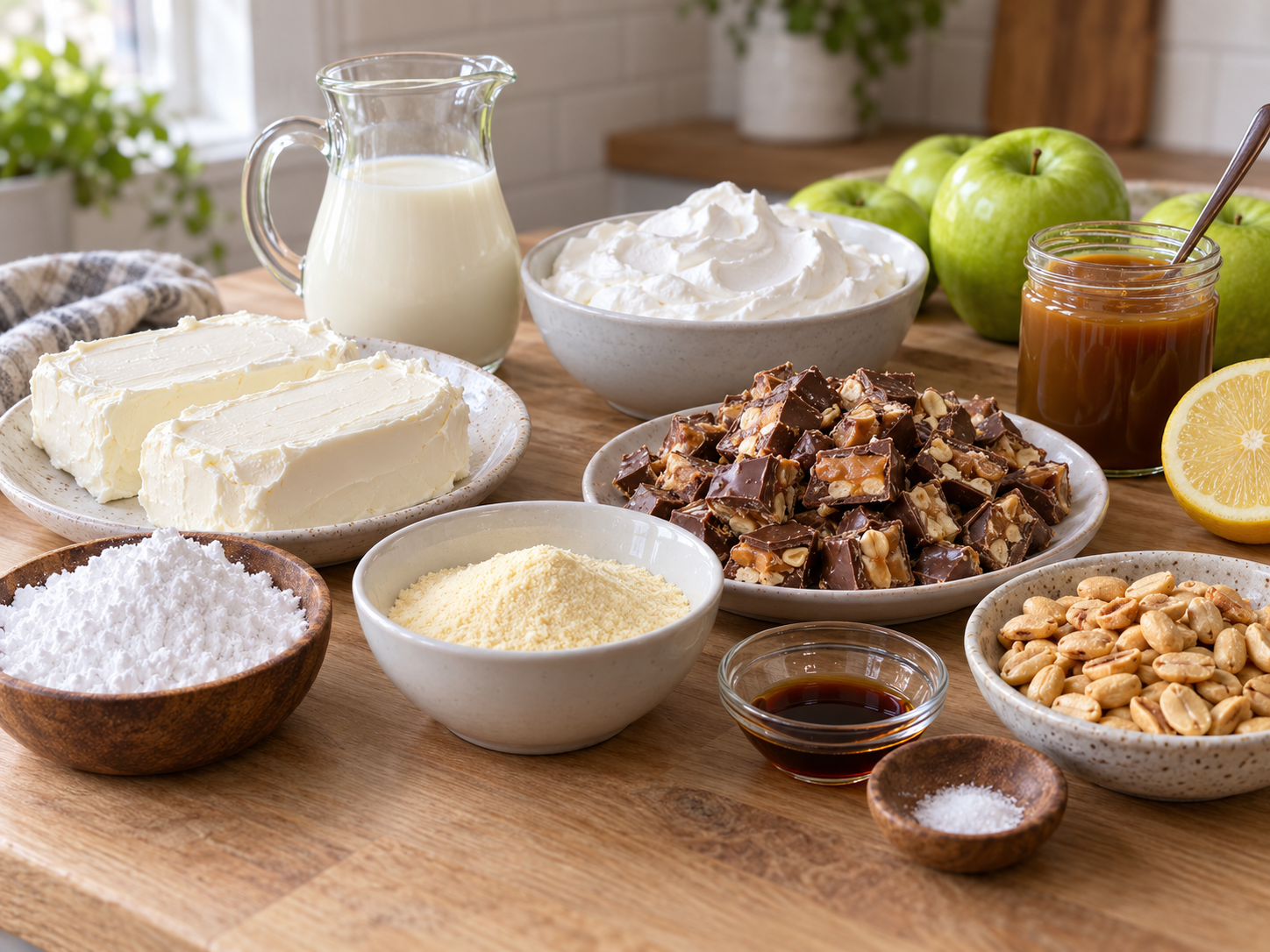 Ingredients for Snickers caramel fluff with apples, cream cheese, candy, and caramel