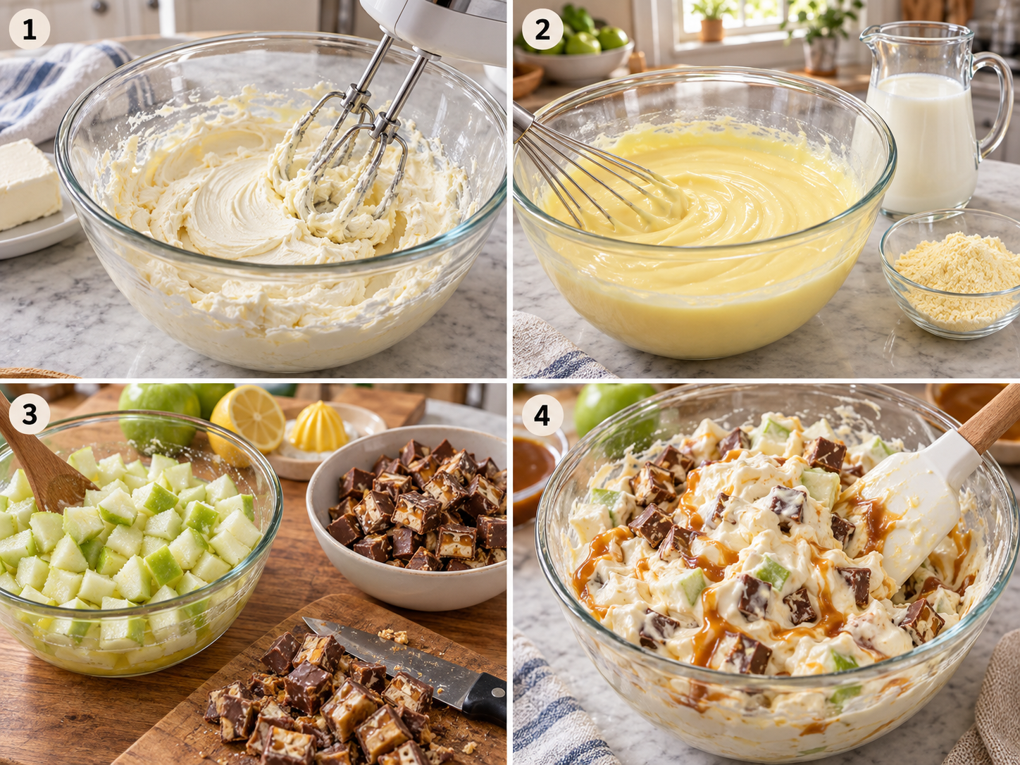 Four steps for making Snickers caramel fluff from mixing to folding