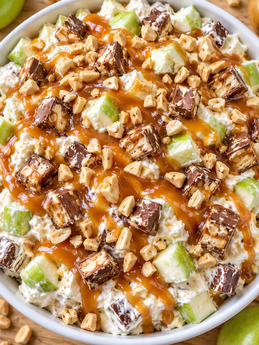 Top-down bowl of Snickers caramel fluff with apples, candy, and peanuts