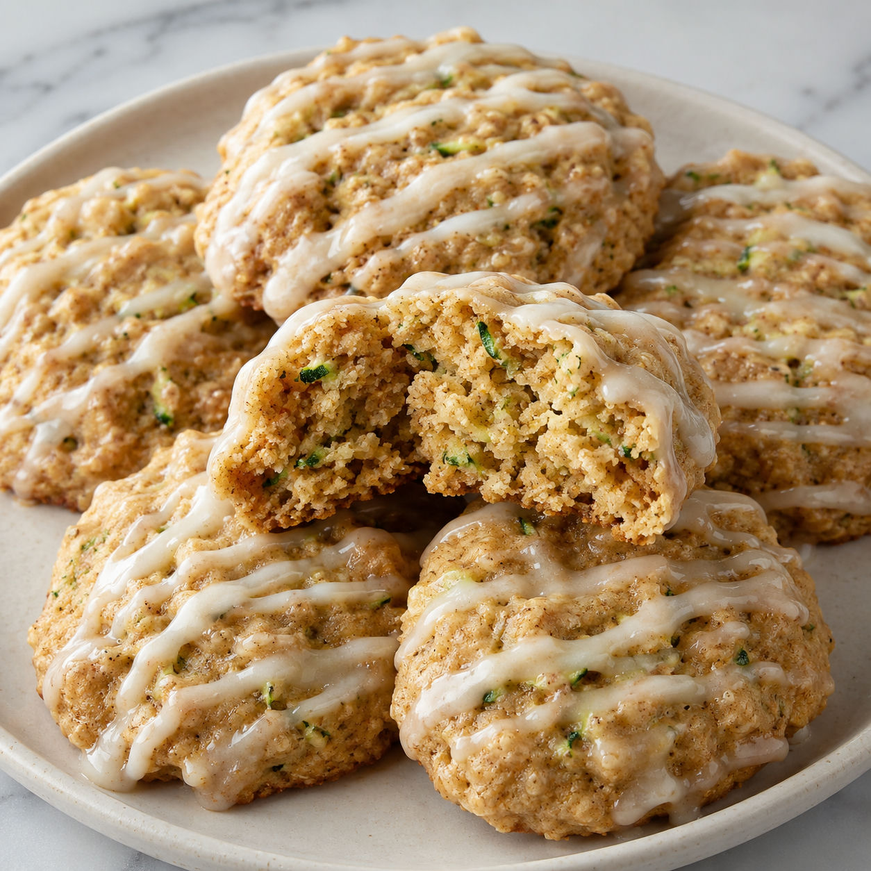 Soft zucchini cookies with vanilla glaze on a cream plate