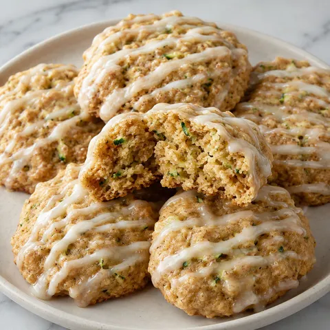 Soft zucchini cookies with vanilla glaze on a cream plate