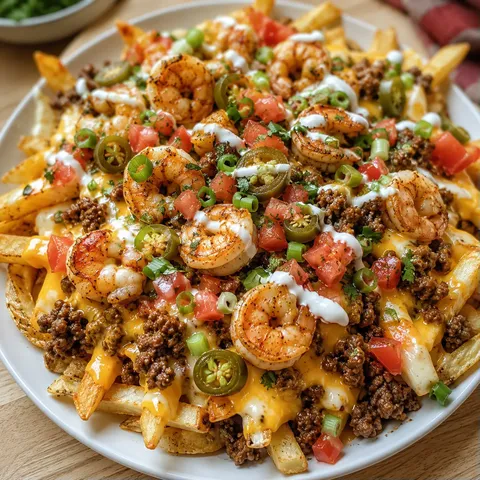 Southern shrimp and beef nacho fries with cheese sauce and jalapeños