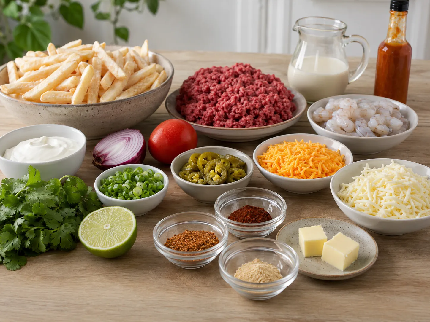Ingredients for Southern shrimp and beef nacho fries on a wood counter