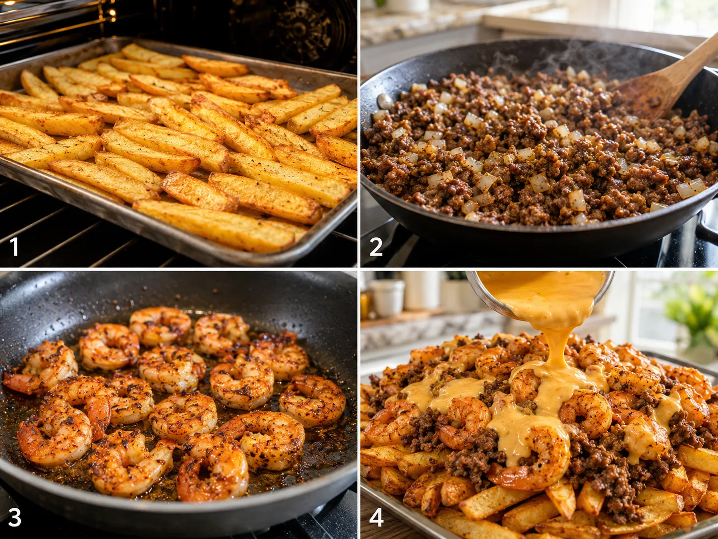 Four cooking steps for shrimp and beef nacho fries