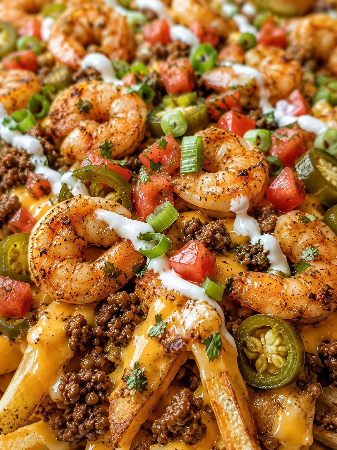 Loaded Southern shrimp and beef nacho fries with melted cheese and toppings