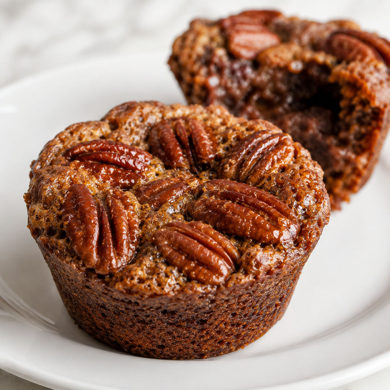 Southern-style pecan pie muffin with gooey interior and pecan-studded crinkled top on a white plate