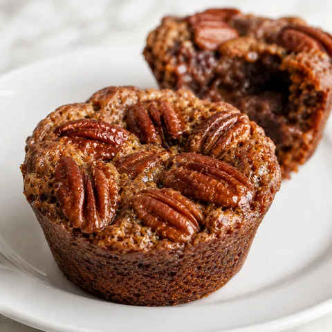 Southern-style pecan pie muffin with gooey interior and pecan-studded crinkled top on a white plate