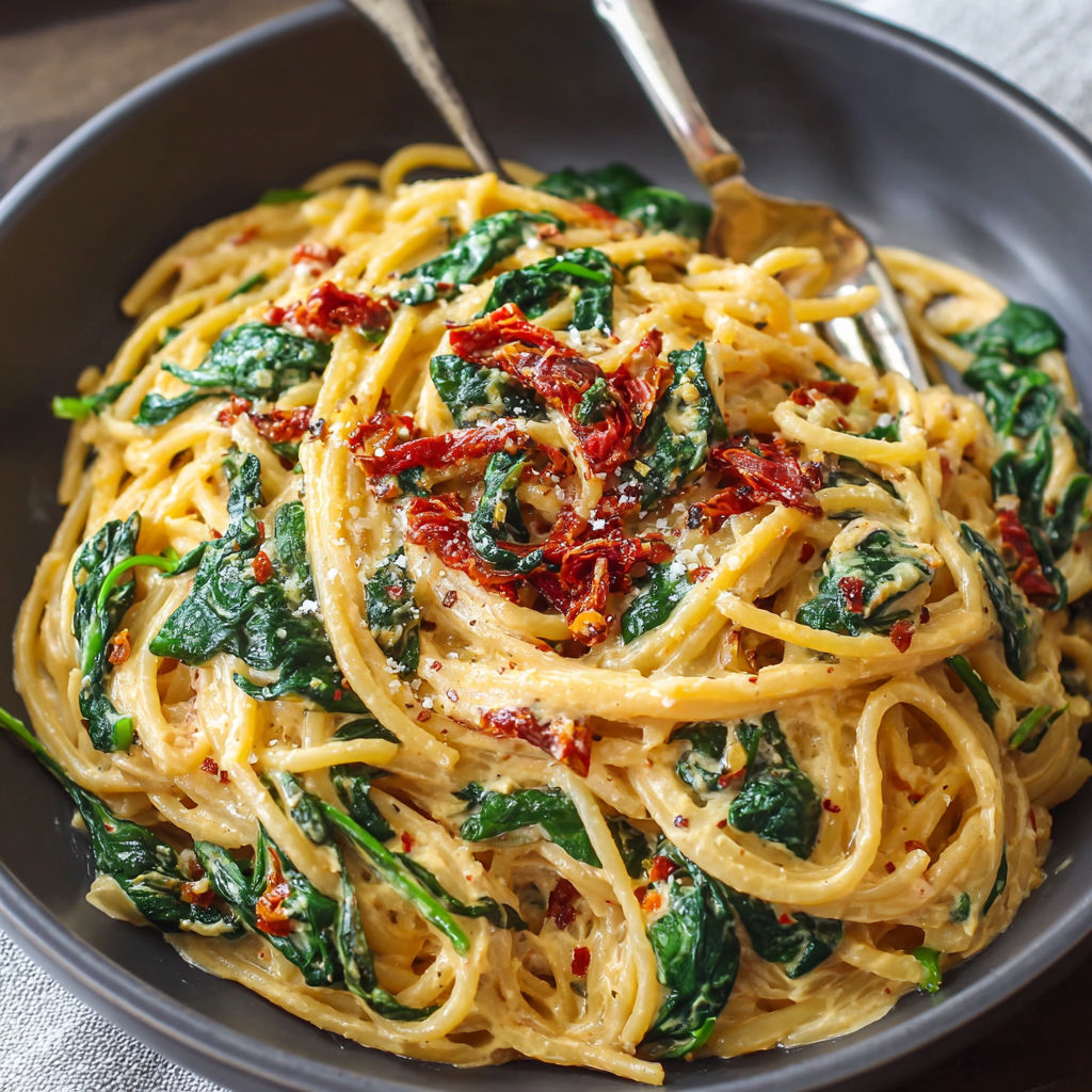 Spaghetti with Spinach and Sun-Dried Tomato Cream Sauce