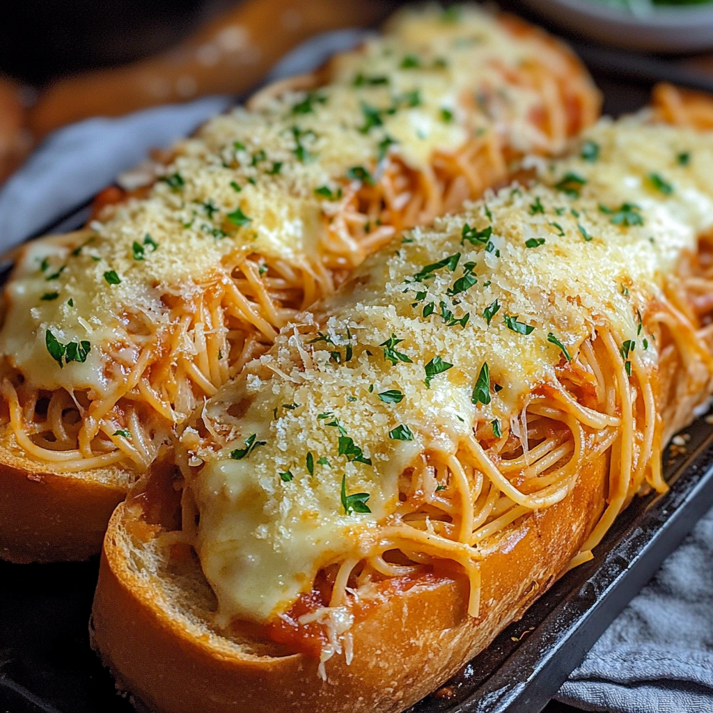 Spaghetti-Stuffed Subs with Garlic Bread and Cheese