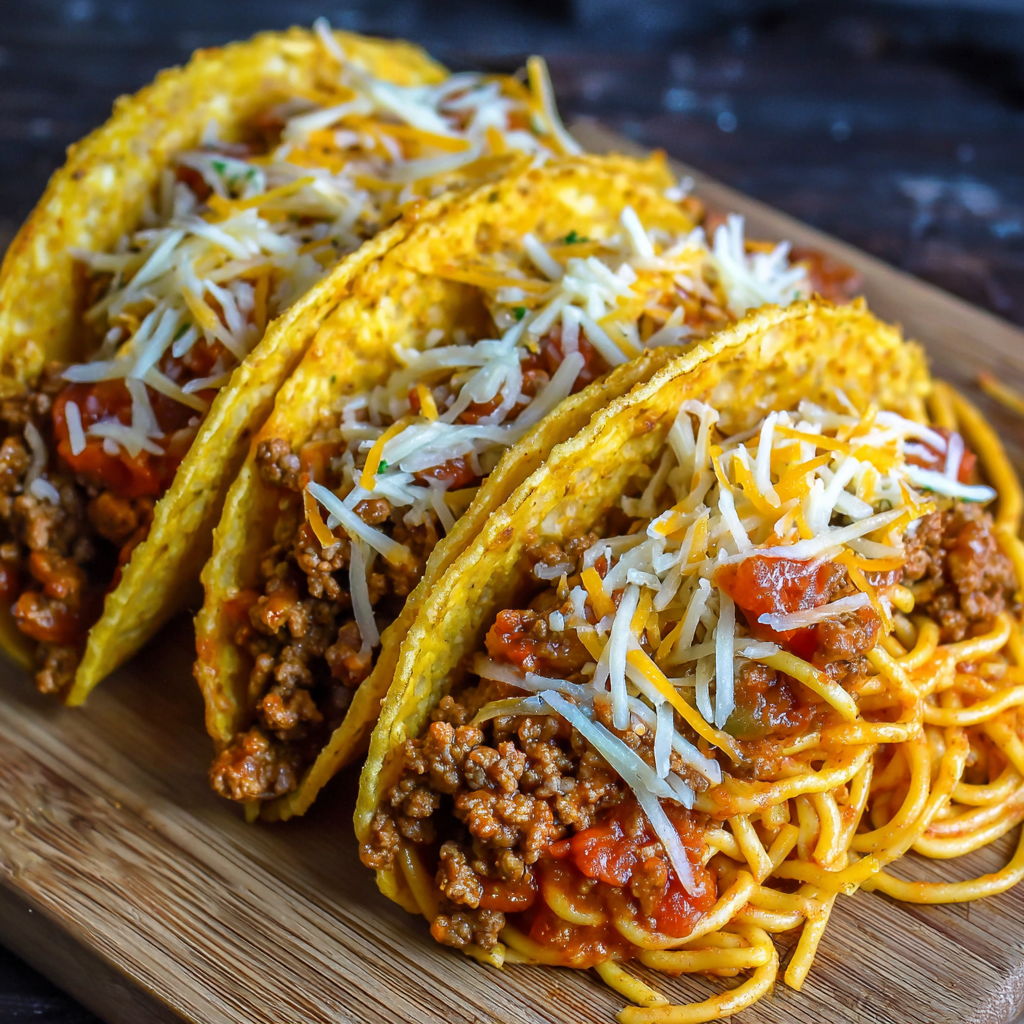 Spaghetti Tacos with Ground Beef and Cheese