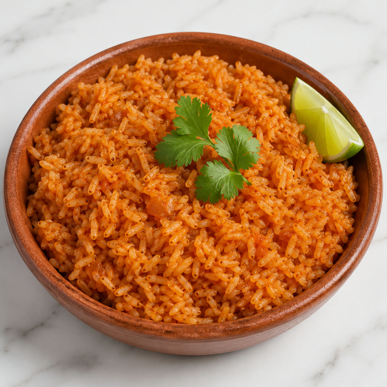 Spanish rice in a terracotta bowl with cilantro and lime on a wooden table